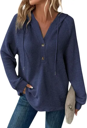 Hoodies for Women Waffle Knit Long Sleeve Hooded Tops Drawstring Button V Neck Shirts Relaxed Fit Pullover Sweatshirt
