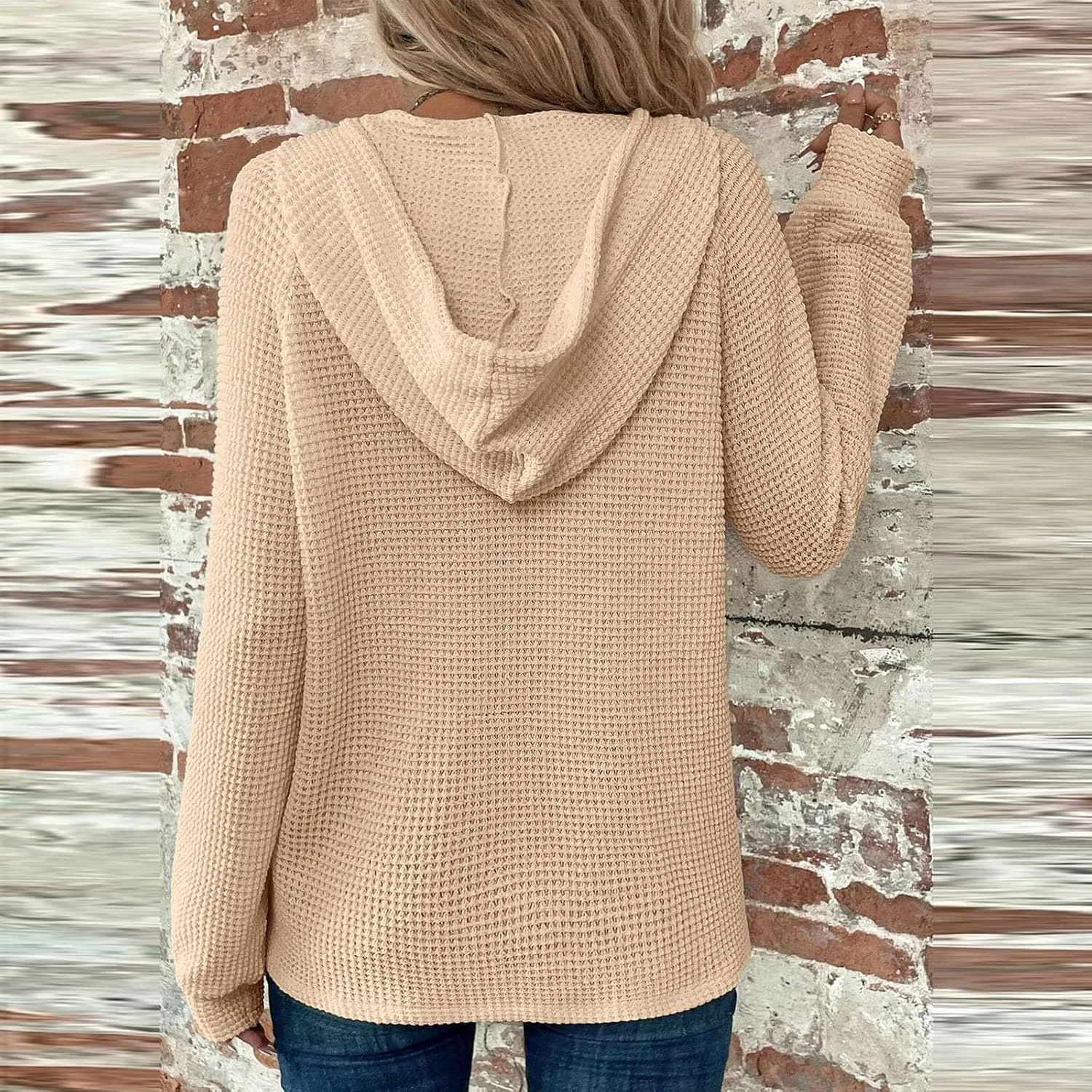 Hoodies for Women Waffle Knit Long Sleeve Hooded Tops Drawstring Button V Neck Shirts Relaxed Fit Pullover Sweatshirt