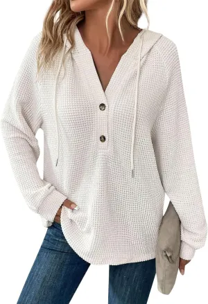Hoodies for Women Waffle Knit Long Sleeve Hooded Tops Drawstring Button V Neck Shirts Relaxed Fit Pullover Sweatshirt