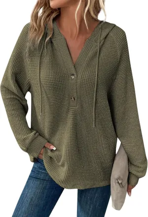 Hoodies for Women Waffle Knit Long Sleeve Hooded Tops Drawstring Button V Neck Shirts Relaxed Fit Pullover Sweatshirt