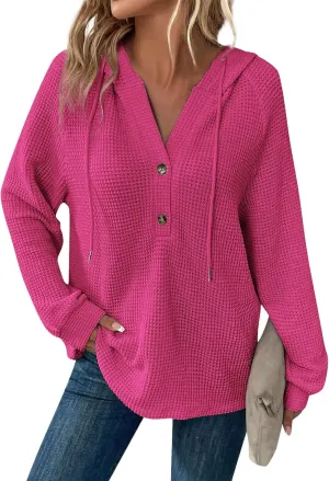 Hoodies for Women Waffle Knit Long Sleeve Hooded Tops Drawstring Button V Neck Shirts Relaxed Fit Pullover Sweatshirt