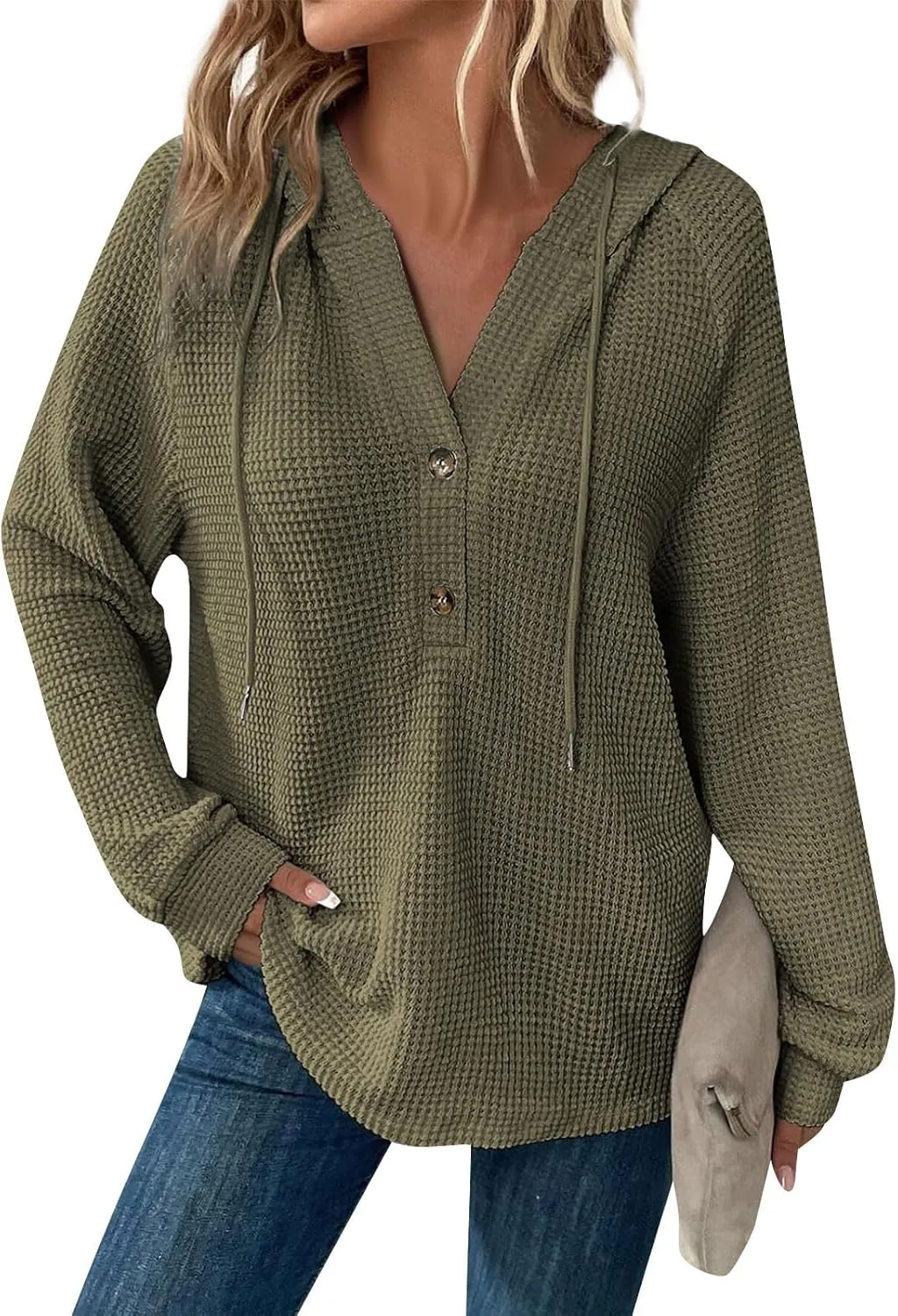 Hoodies for Women Waffle Knit Long Sleeve Hooded Tops Drawstring Button V Neck Shirts Relaxed Fit Pullover Sweatshirt