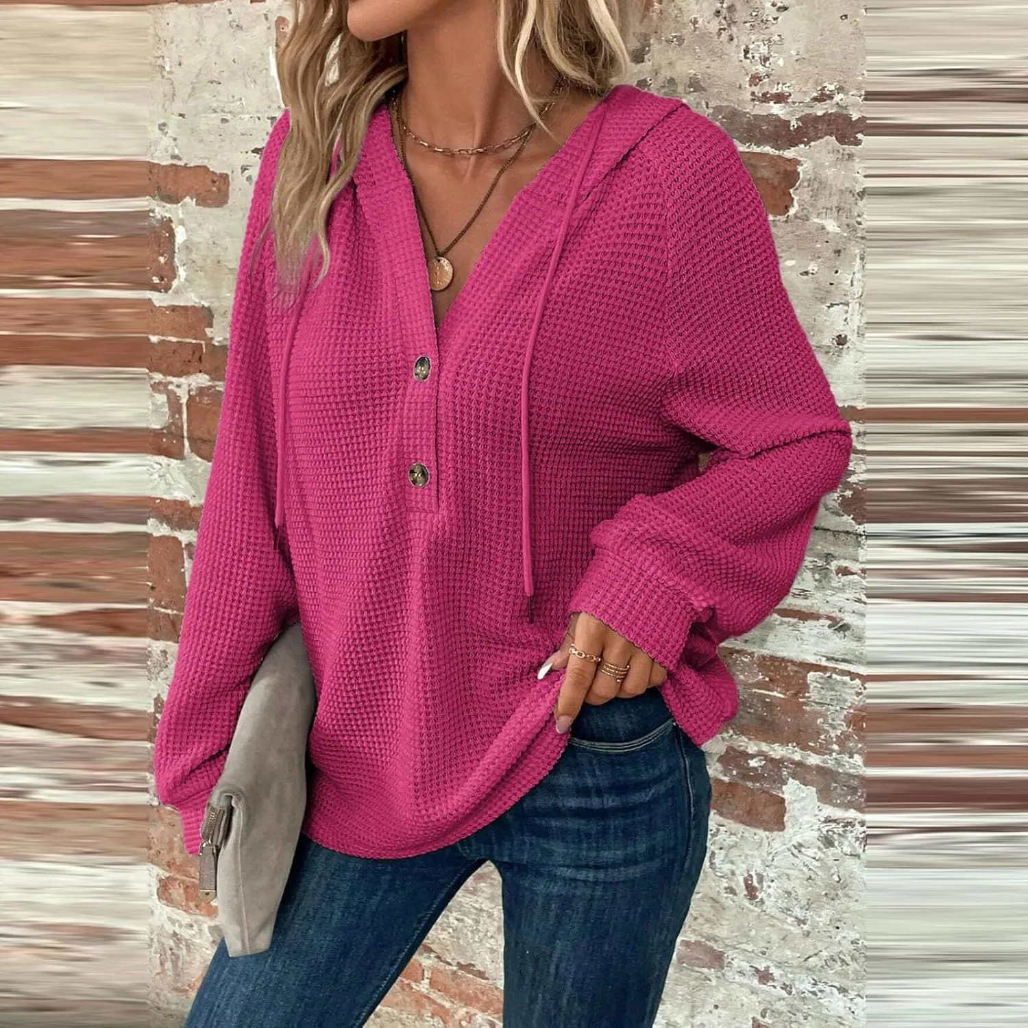 Hoodies for Women Waffle Knit Long Sleeve Hooded Tops Drawstring Button V Neck Shirts Relaxed Fit Pullover Sweatshirt