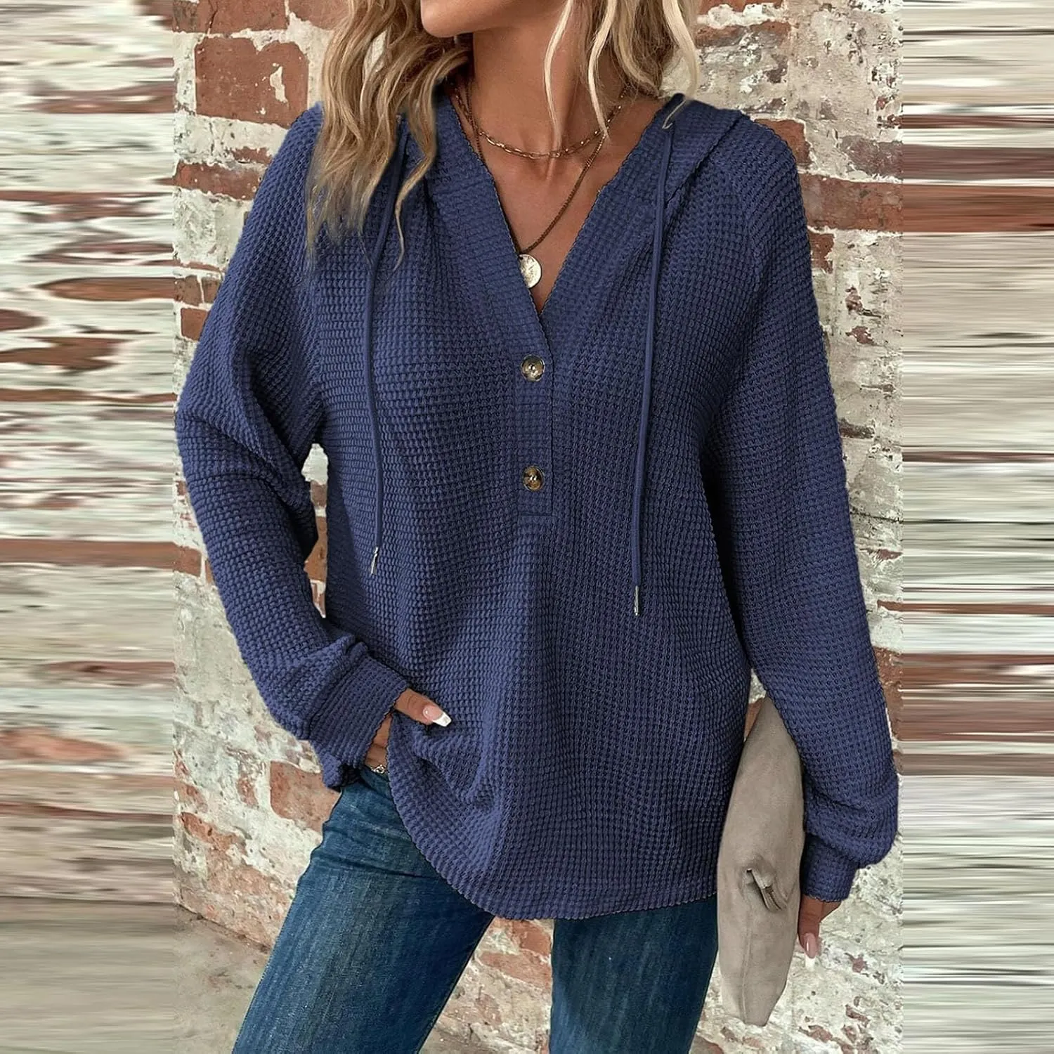 Hoodies for Women Waffle Knit Long Sleeve Hooded Tops Drawstring Button V Neck Shirts Relaxed Fit Pullover Sweatshirt