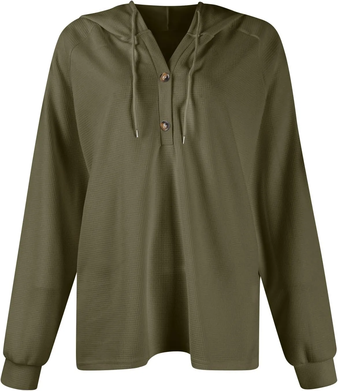 Hoodies for Women Waffle Knit Long Sleeve Hooded Tops Drawstring Button V Neck Shirts Relaxed Fit Pullover Sweatshirt