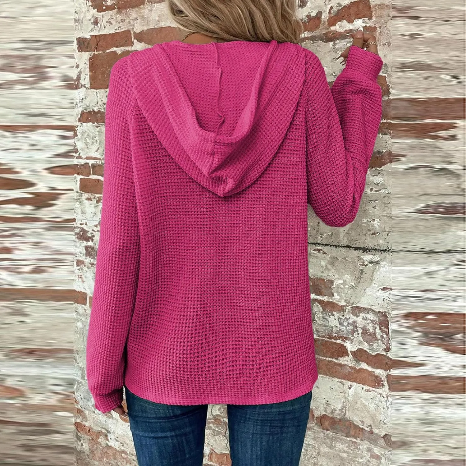 Hoodies for Women Waffle Knit Long Sleeve Hooded Tops Drawstring Button V Neck Shirts Relaxed Fit Pullover Sweatshirt