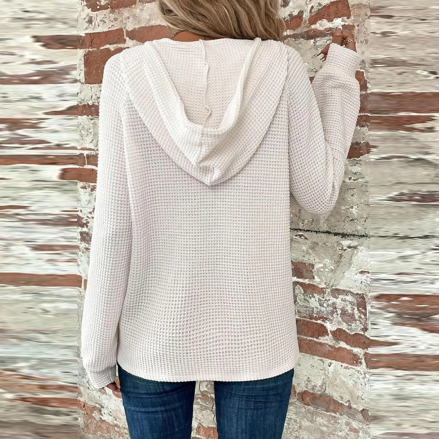 Hoodies for Women Waffle Knit Long Sleeve Hooded Tops Drawstring Button V Neck Shirts Relaxed Fit Pullover Sweatshirt