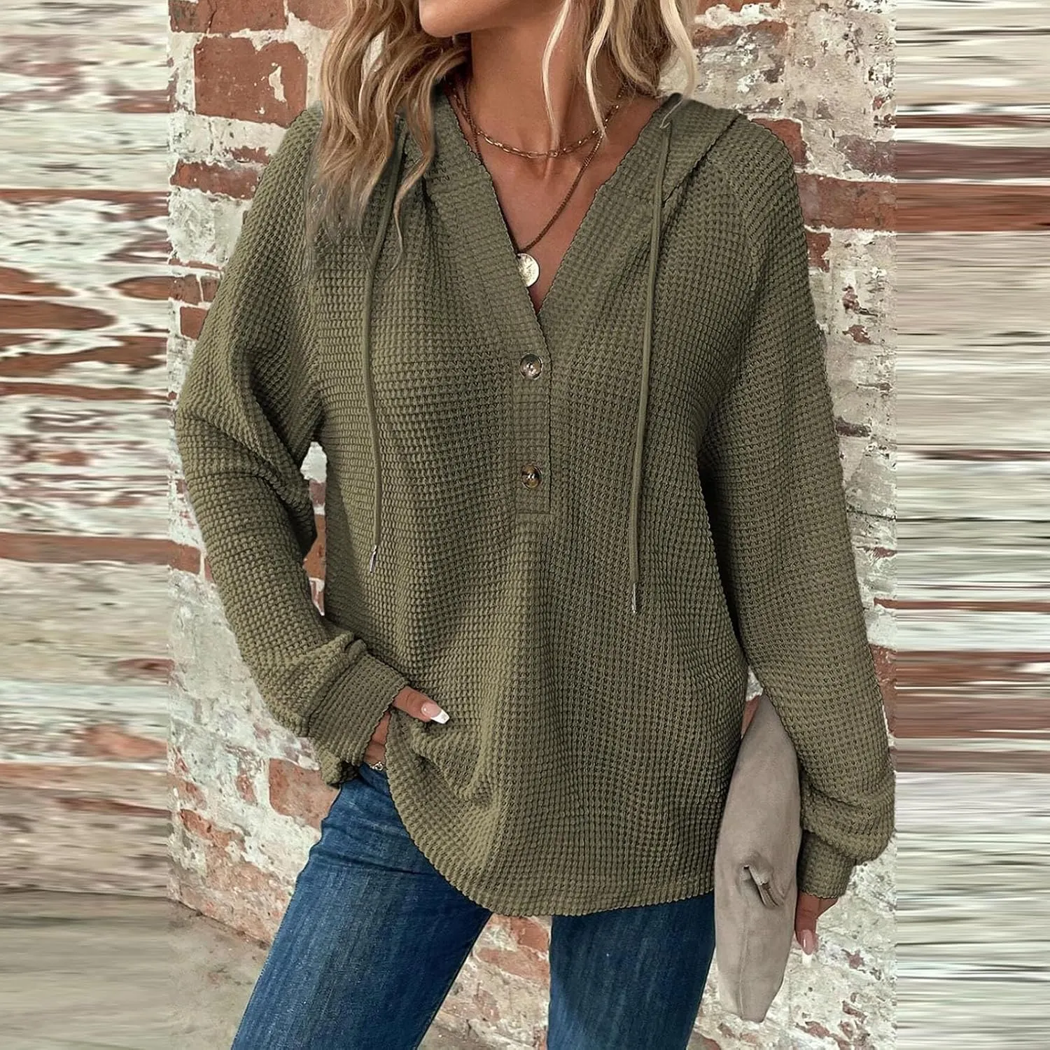 Hoodies for Women Waffle Knit Long Sleeve Hooded Tops Drawstring Button V Neck Shirts Relaxed Fit Pullover Sweatshirt