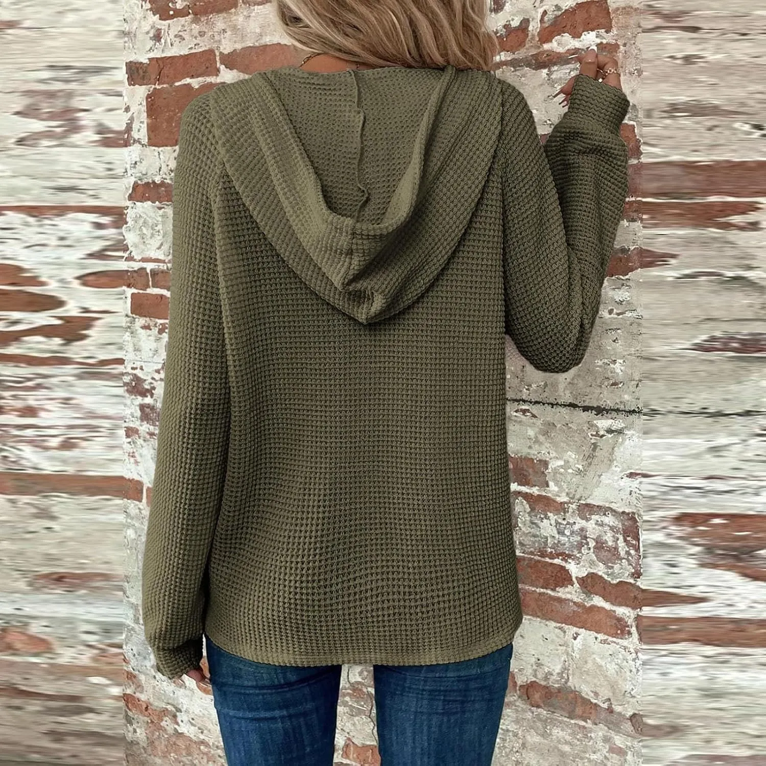 Hoodies for Women Waffle Knit Long Sleeve Hooded Tops Drawstring Button V Neck Shirts Relaxed Fit Pullover Sweatshirt