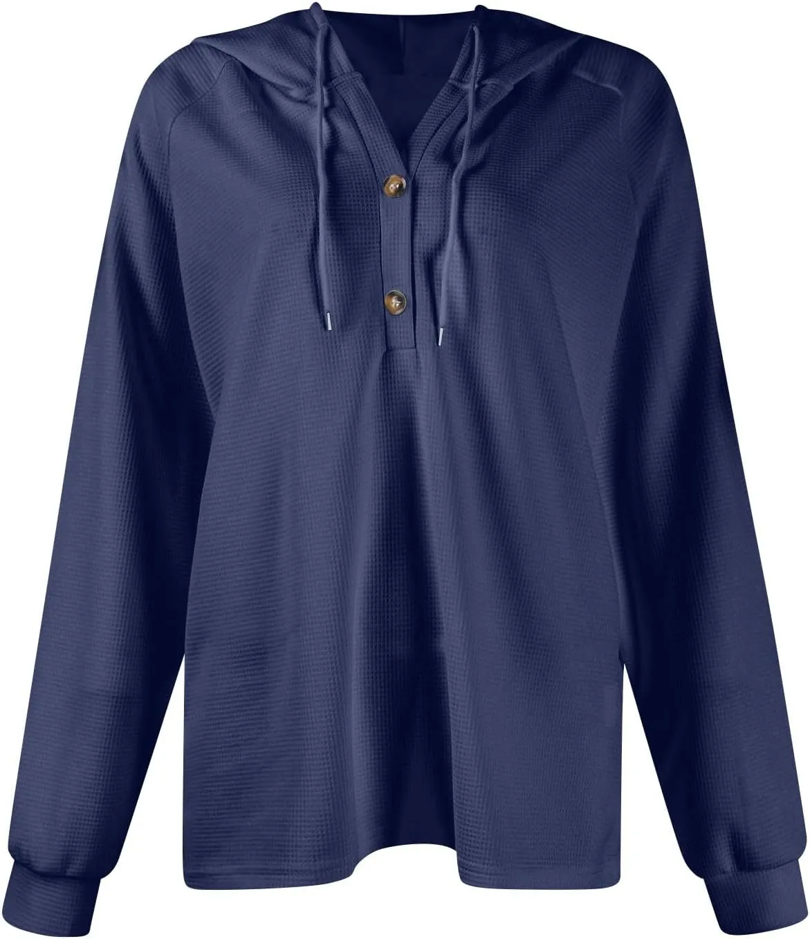 Hoodies for Women Waffle Knit Long Sleeve Hooded Tops Drawstring Button V Neck Shirts Relaxed Fit Pullover Sweatshirt