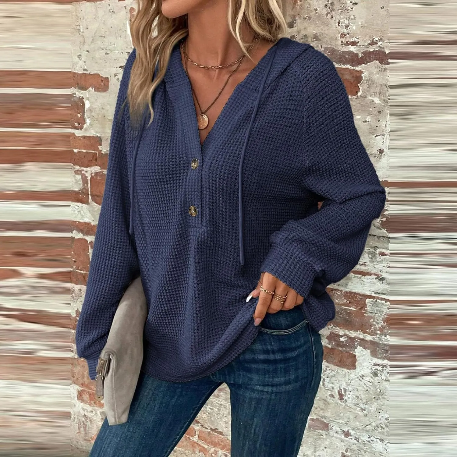 Hoodies for Women Waffle Knit Long Sleeve Hooded Tops Drawstring Button V Neck Shirts Relaxed Fit Pullover Sweatshirt