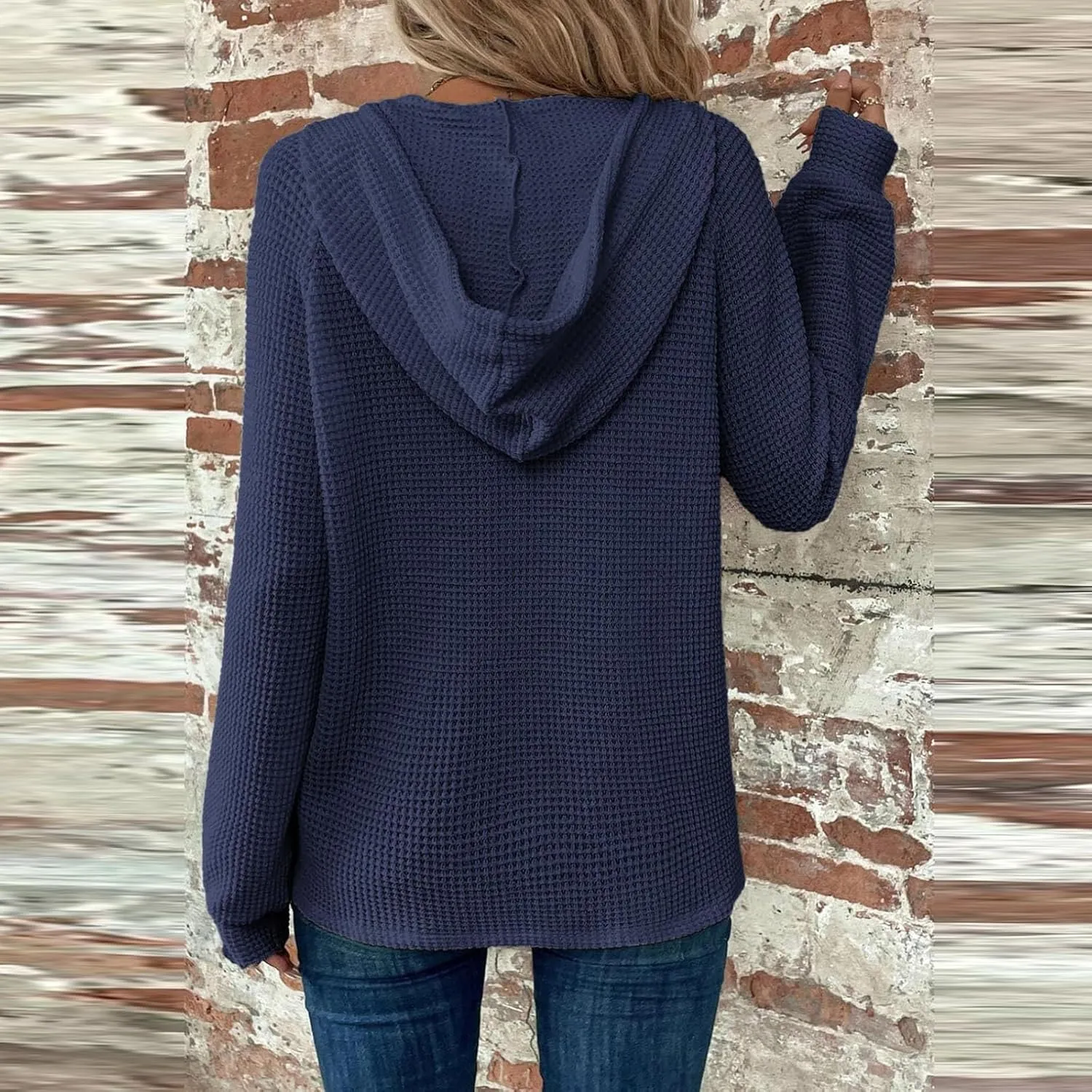 Hoodies for Women Waffle Knit Long Sleeve Hooded Tops Drawstring Button V Neck Shirts Relaxed Fit Pullover Sweatshirt