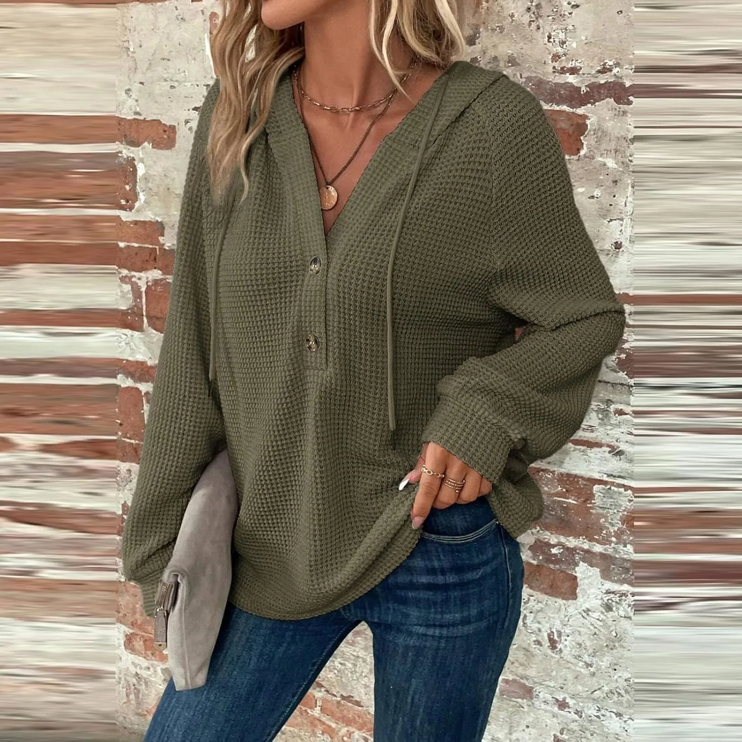Hoodies for Women Waffle Knit Long Sleeve Hooded Tops Drawstring Button V Neck Shirts Relaxed Fit Pullover Sweatshirt