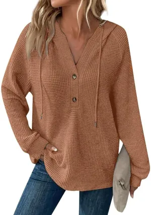 Hoodies for Women Waffle Knit Long Sleeve Hooded Tops Drawstring Button V Neck Shirts Relaxed Fit Pullover Sweatshirt