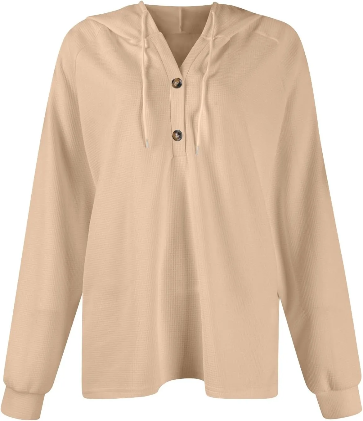 Hoodies for Women Waffle Knit Long Sleeve Hooded Tops Drawstring Button V Neck Shirts Relaxed Fit Pullover Sweatshirt