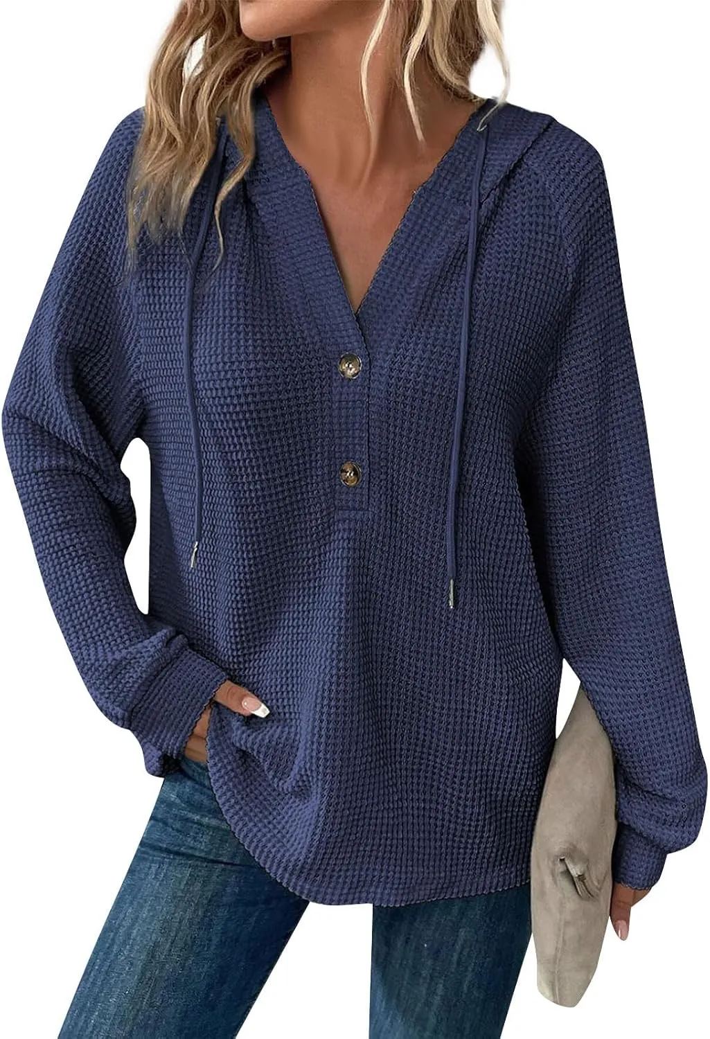 Hoodies for Women Waffle Knit Long Sleeve Hooded Tops Drawstring Button V Neck Shirts Relaxed Fit Pullover Sweatshirt