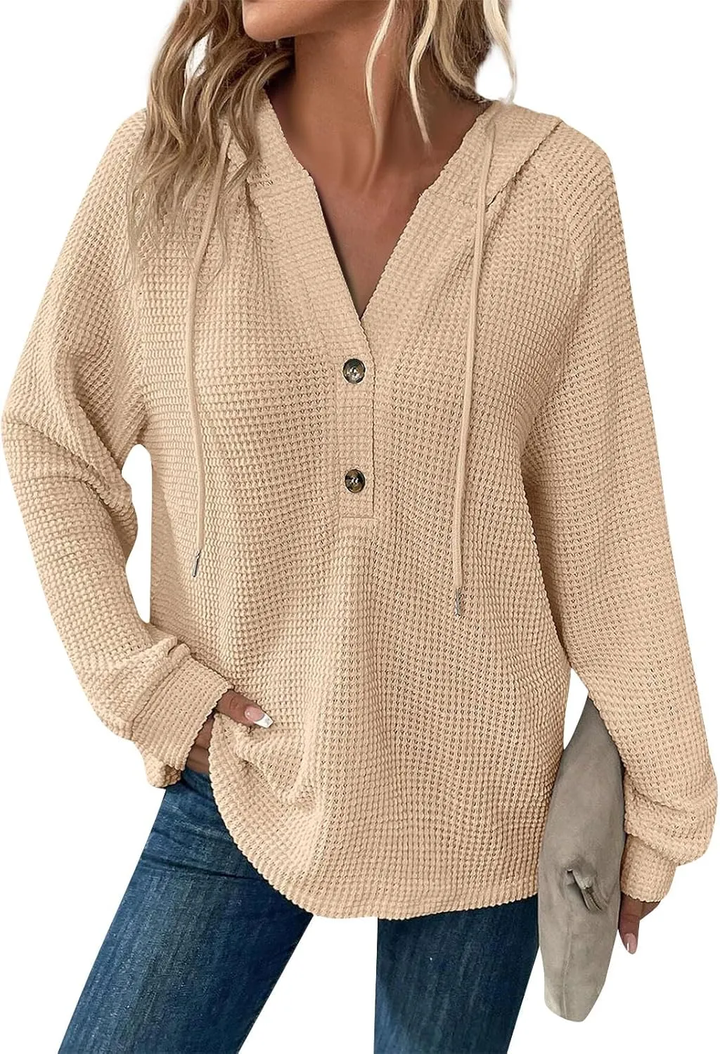 Hoodies for Women Waffle Knit Long Sleeve Hooded Tops Drawstring Button V Neck Shirts Relaxed Fit Pullover Sweatshirt