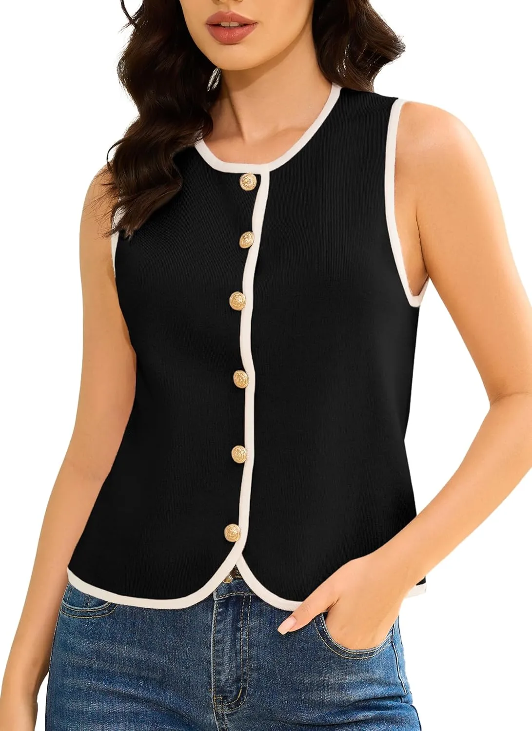 HVT Womens Sweater Vest Summer Button Down Sleeveless Sweater Vest Tops Round Neck Casual Fashion Vest for Women