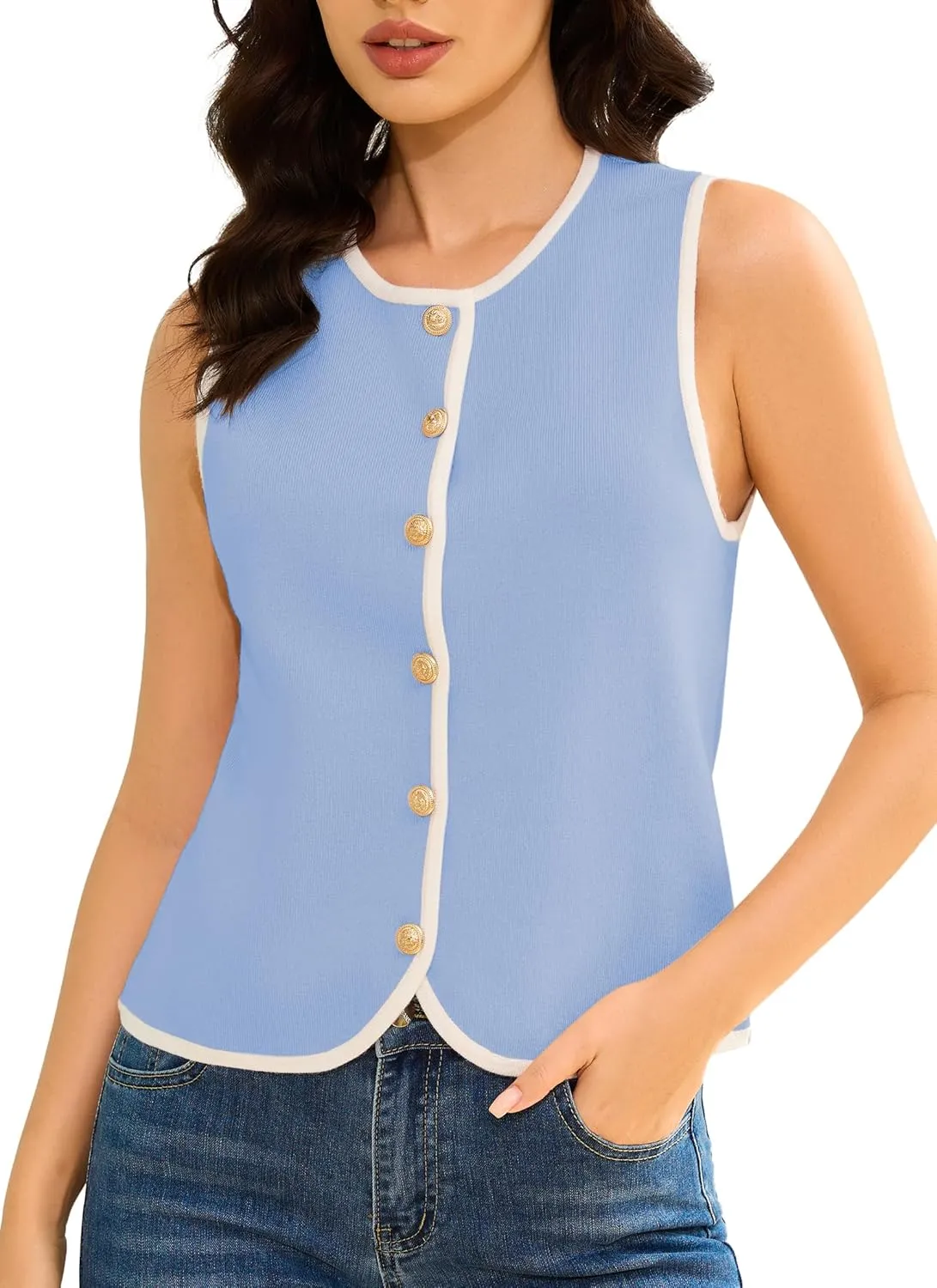 HVT Womens Sweater Vest Summer Button Down Sleeveless Sweater Vest Tops Round Neck Casual Fashion Vest for Women