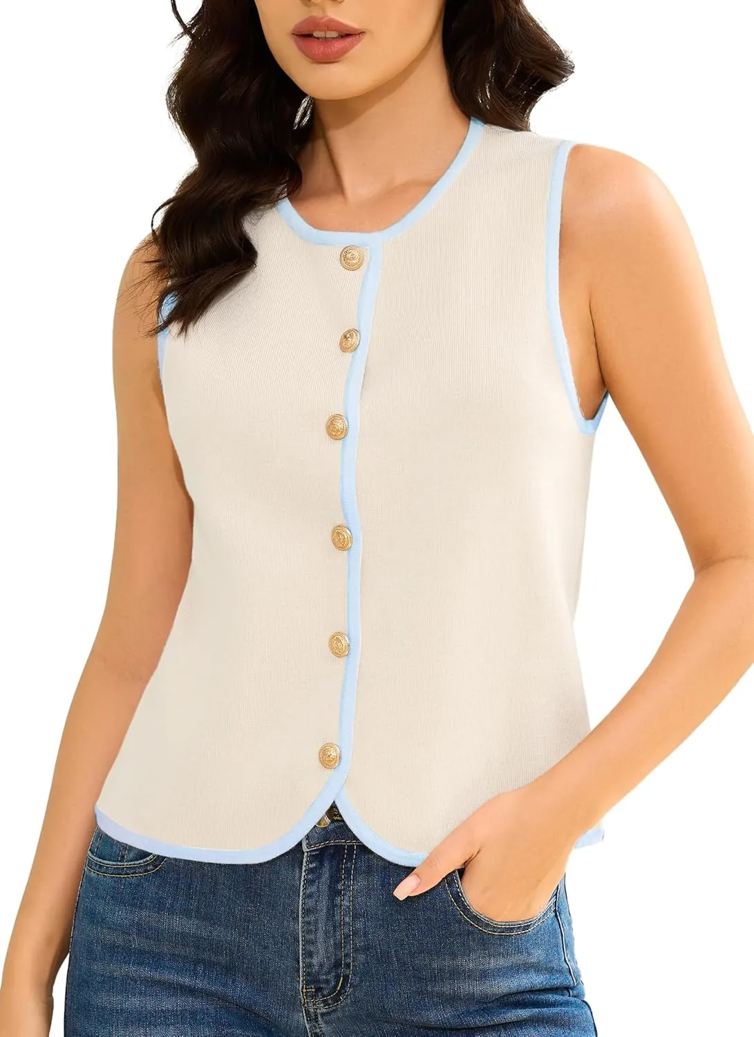 HVT Womens Sweater Vest Summer Button Down Sleeveless Sweater Vest Tops Round Neck Casual Fashion Vest for Women