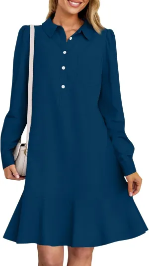 HXHYQKP Shirt Dresses for Women Long Sleeve Button Down Shirt Dress Ruffle Flowy Casual Tunic Shift Mini Dresses