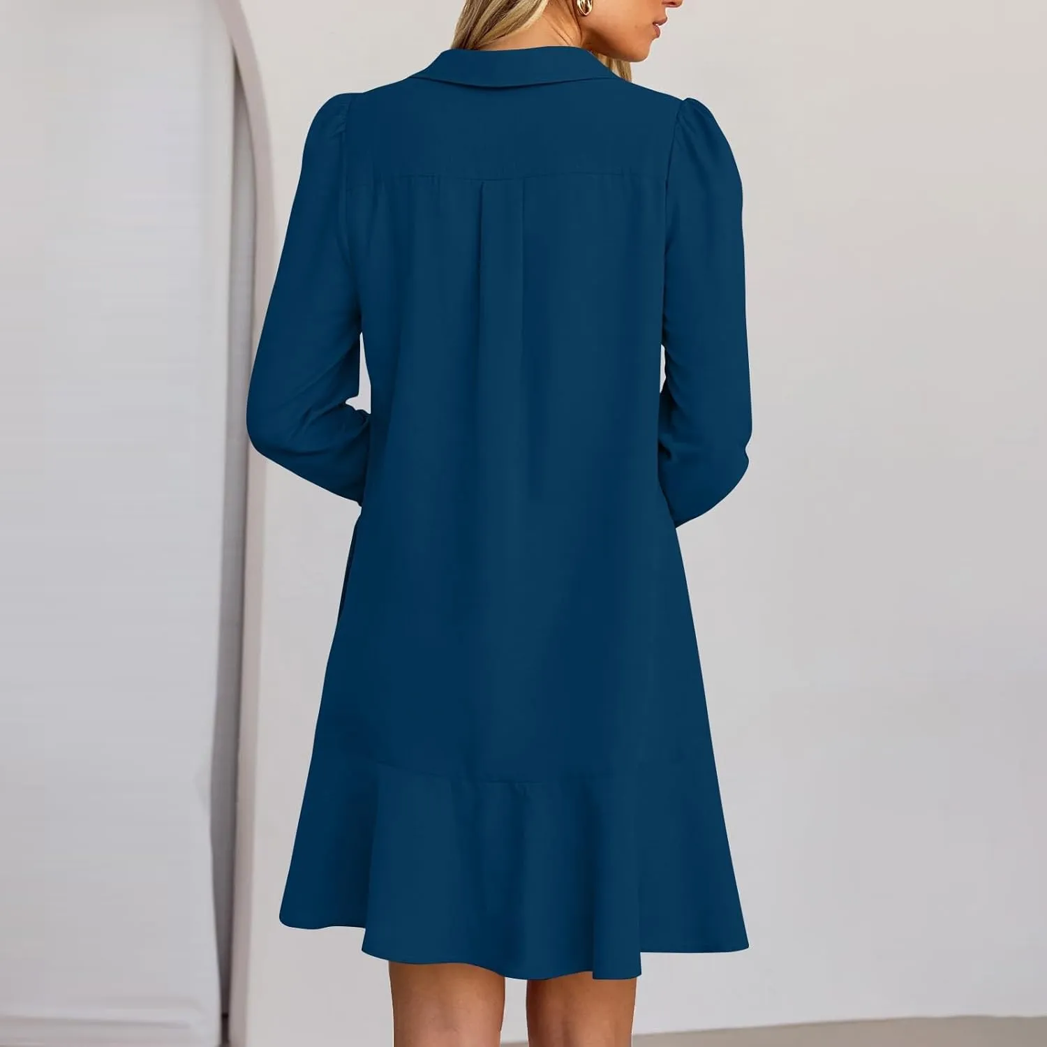 HXHYQKP Shirt Dresses for Women Long Sleeve Button Down Shirt Dress Ruffle Flowy Casual Tunic Shift Mini Dresses