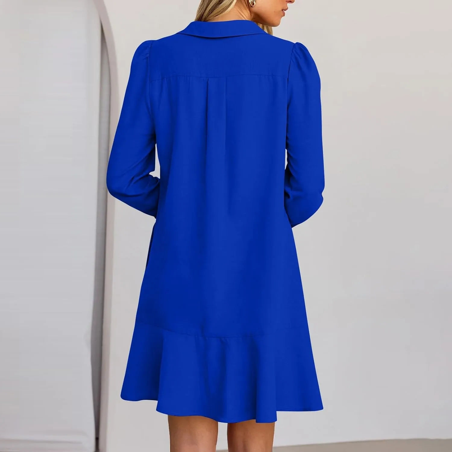 HXHYQKP Shirt Dresses for Women Long Sleeve Button Down Shirt Dress Ruffle Flowy Casual Tunic Shift Mini Dresses