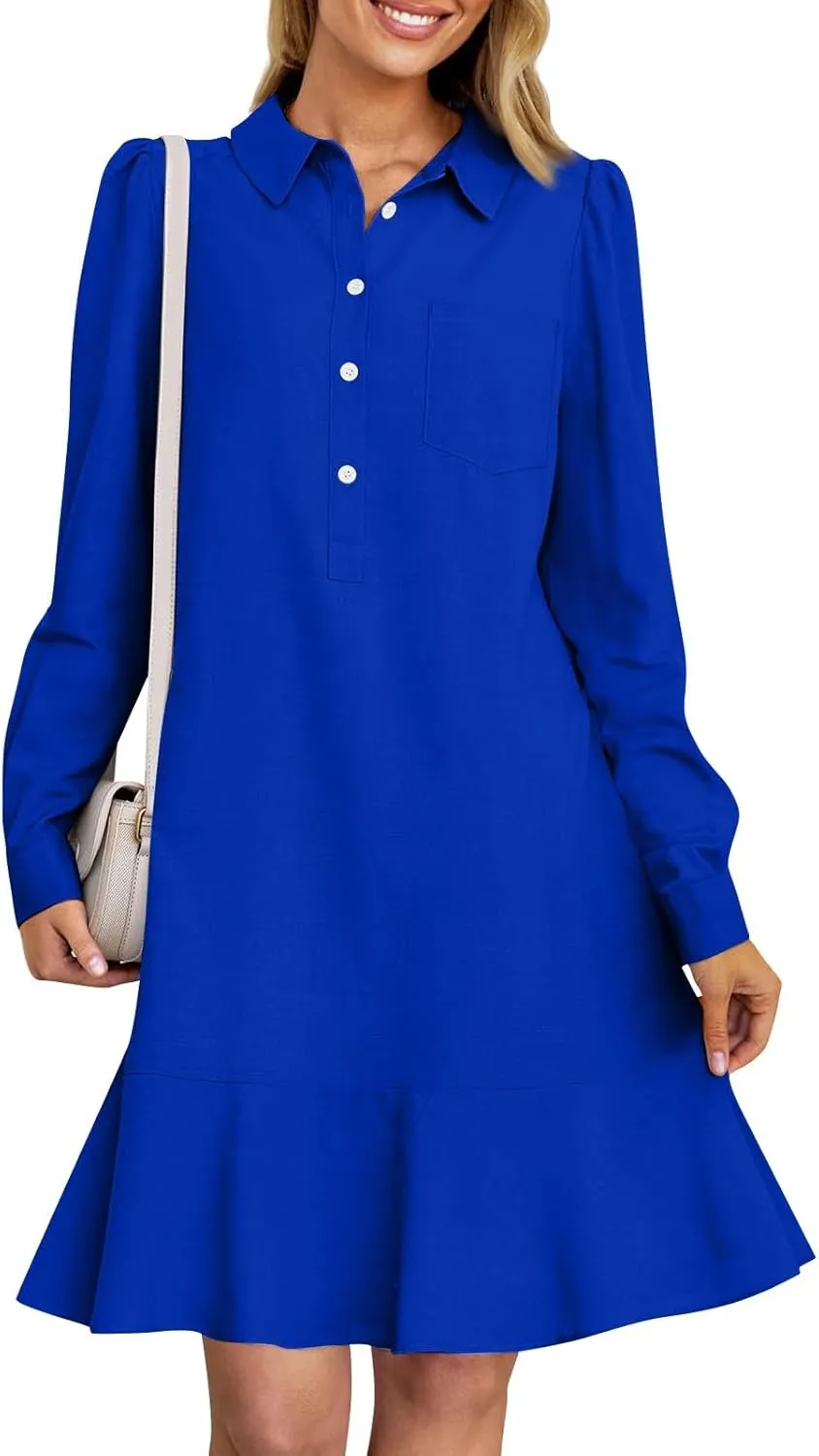 HXHYQKP Shirt Dresses for Women Long Sleeve Button Down Shirt Dress Ruffle Flowy Casual Tunic Shift Mini Dresses