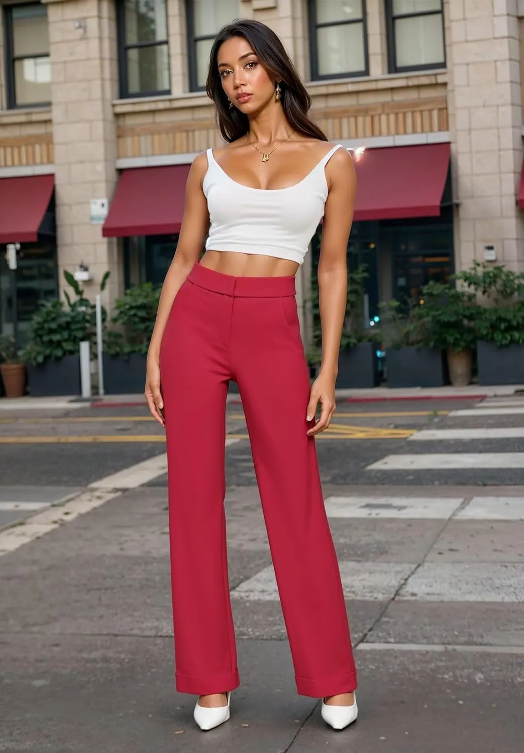 Hybrid & Company Women's High Waisted Straight Leg Suit Pants Business Work Casual Slacks Trousers
