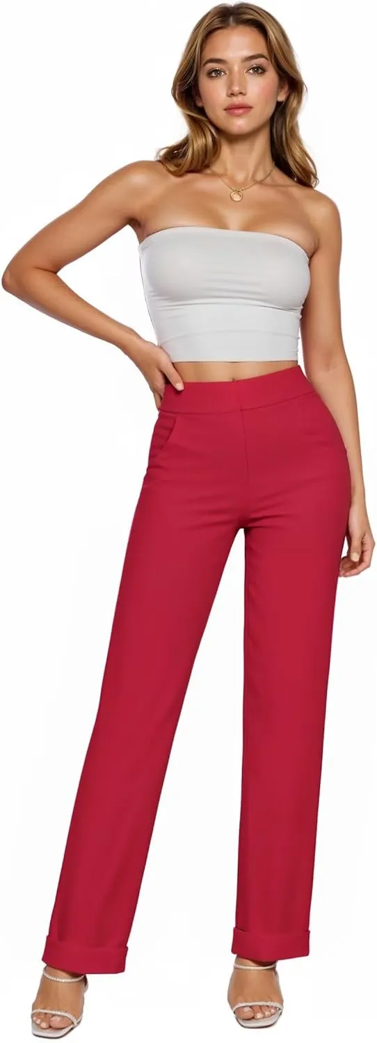 Hybrid & Company Women's High Waisted Straight Leg Suit Pants Business Work Casual Slacks Trousers