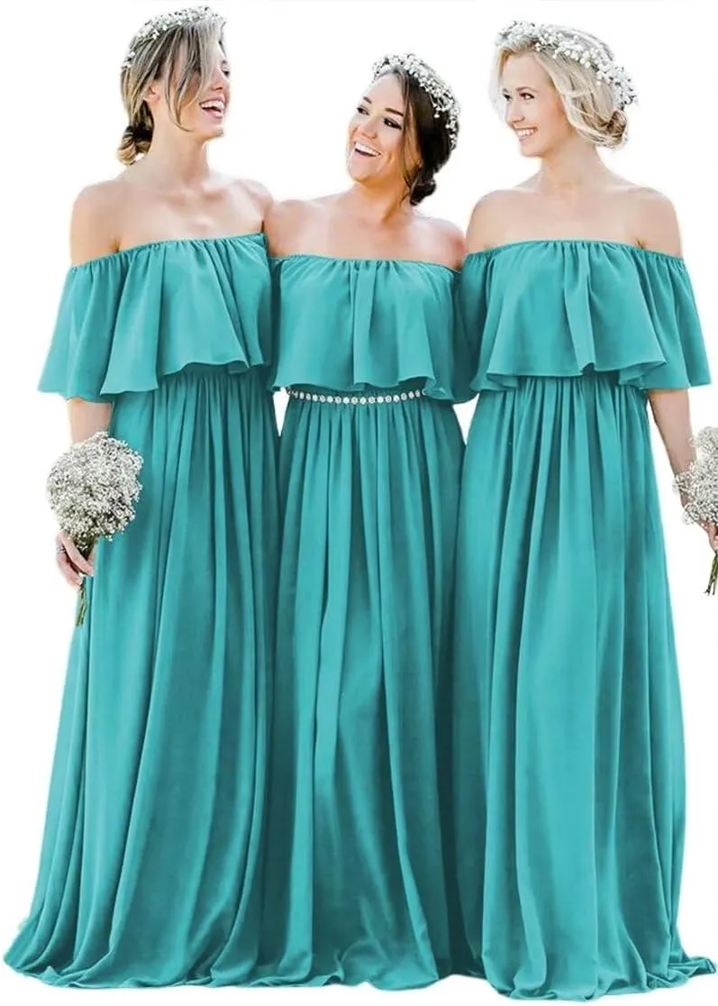 IKMNN Off Shoulder Bridesmaid Dresses for Women Pleated Long Formal Dress IK008