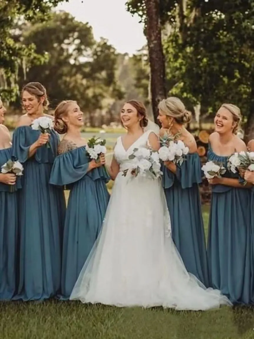 IKMNN Off Shoulder Bridesmaid Dresses for Women Pleated Long Formal Dress IK008