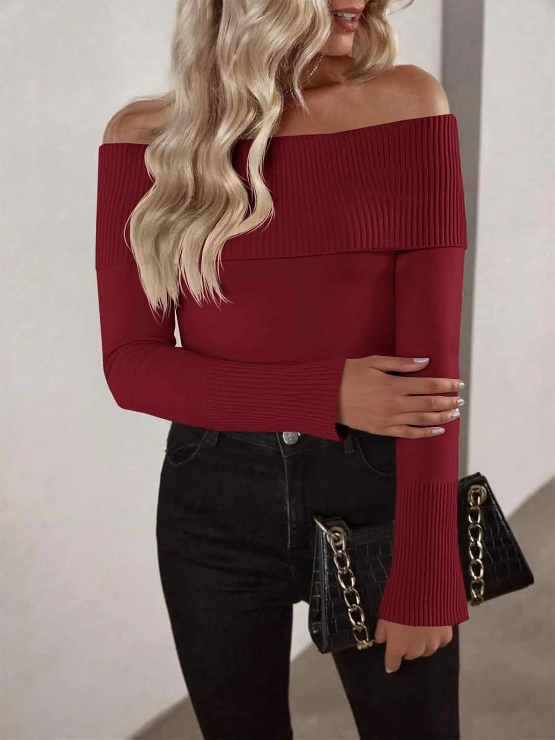 Imily Bela Womens Off The Shoulder Sweaters Casual Long Sleeve Ribbed Knit Slim Fit Y2K Going Out Pullover Tops