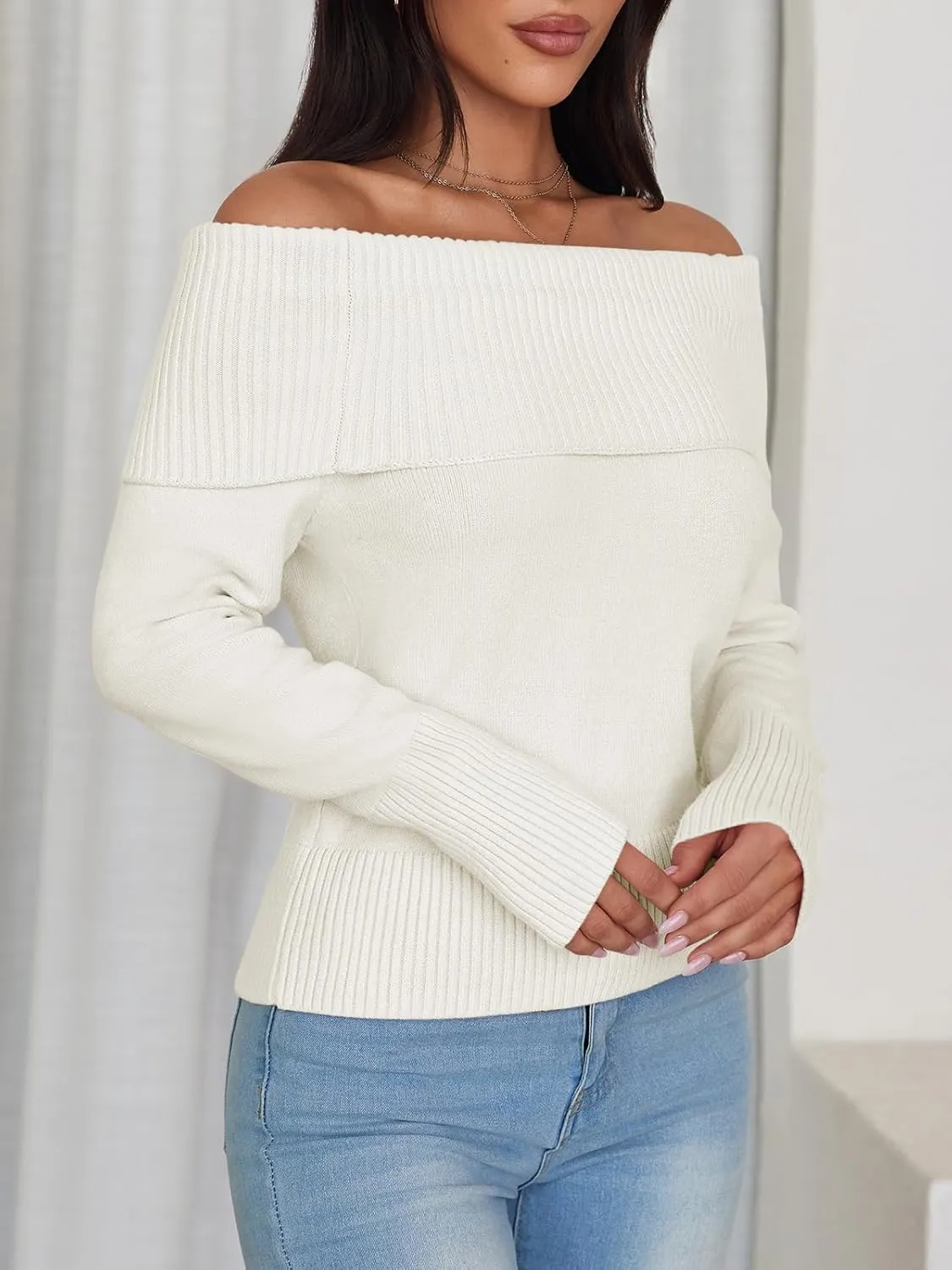 Imily Bela Womens Off The Shoulder Sweaters Casual Long Sleeve Ribbed Knit Slim Fit Y2K Going Out Pullover Tops