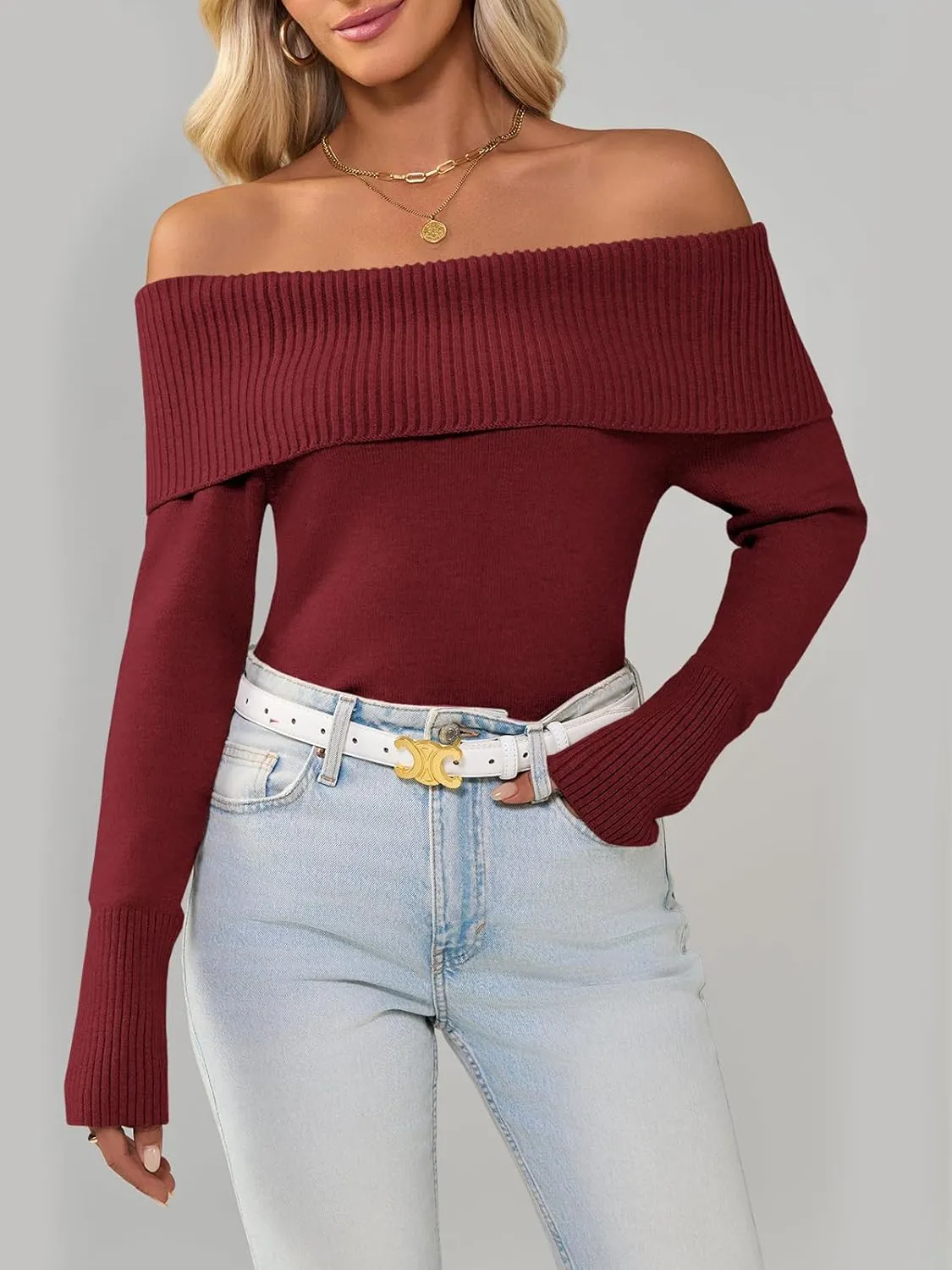 Imily Bela Womens Off The Shoulder Sweaters Casual Long Sleeve Ribbed Knit Slim Fit Y2K Going Out Pullover Tops