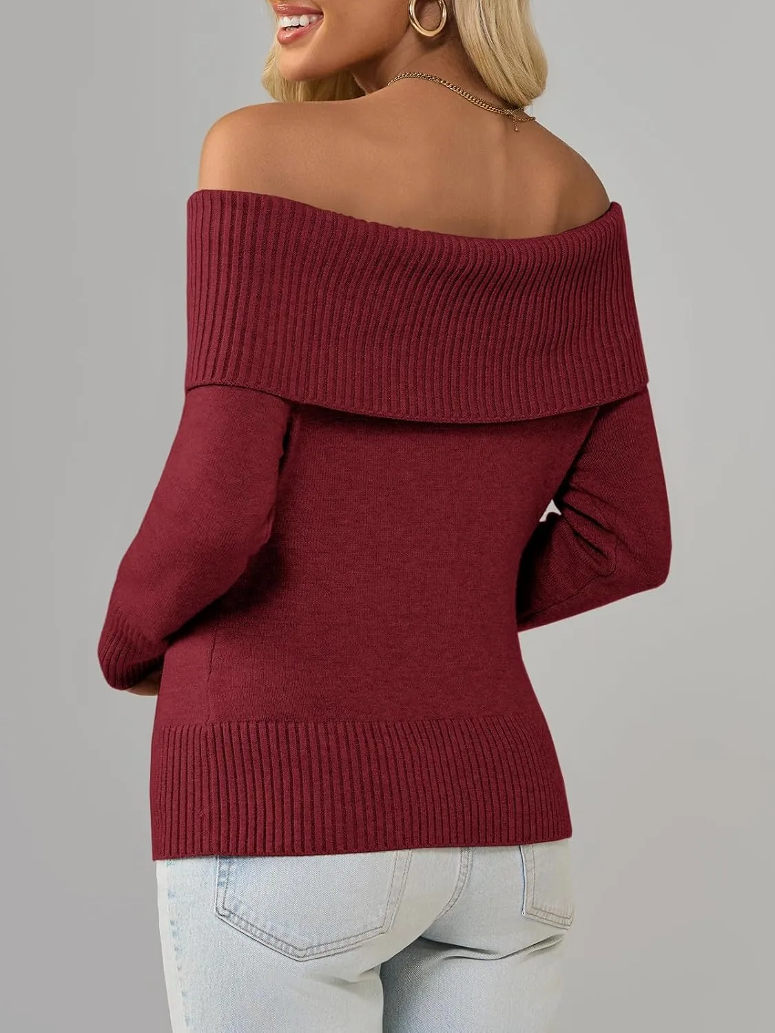 Imily Bela Womens Off The Shoulder Sweaters Casual Long Sleeve Ribbed Knit Slim Fit Y2K Going Out Pullover Tops