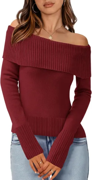 Imily Bela Womens Off The Shoulder Sweaters Casual Long Sleeve Ribbed Knit Slim Fit Y2K Going Out Pullover Tops