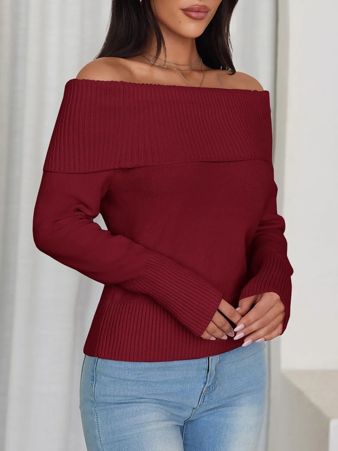 Imily Bela Womens Off The Shoulder Sweaters Casual Long Sleeve Ribbed Knit Slim Fit Y2K Going Out Pullover Tops