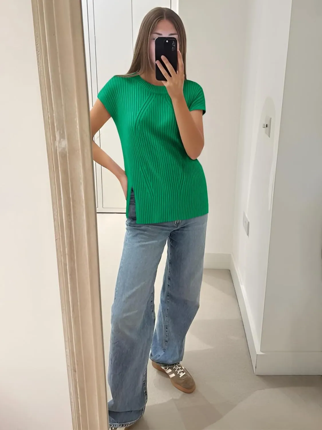 Imily Bela Womens Short Sleeve Sweater Casual Crew Neck Rribbed Knit Split Pullover Summer Tunic Tops