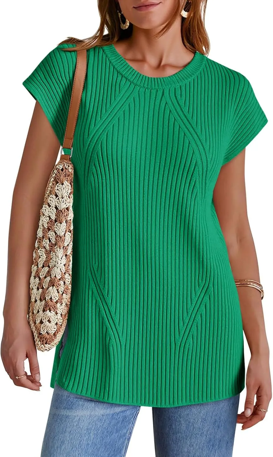 Imily Bela Womens Short Sleeve Sweater Casual Crew Neck Rribbed Knit Split Pullover Summer Tunic Tops