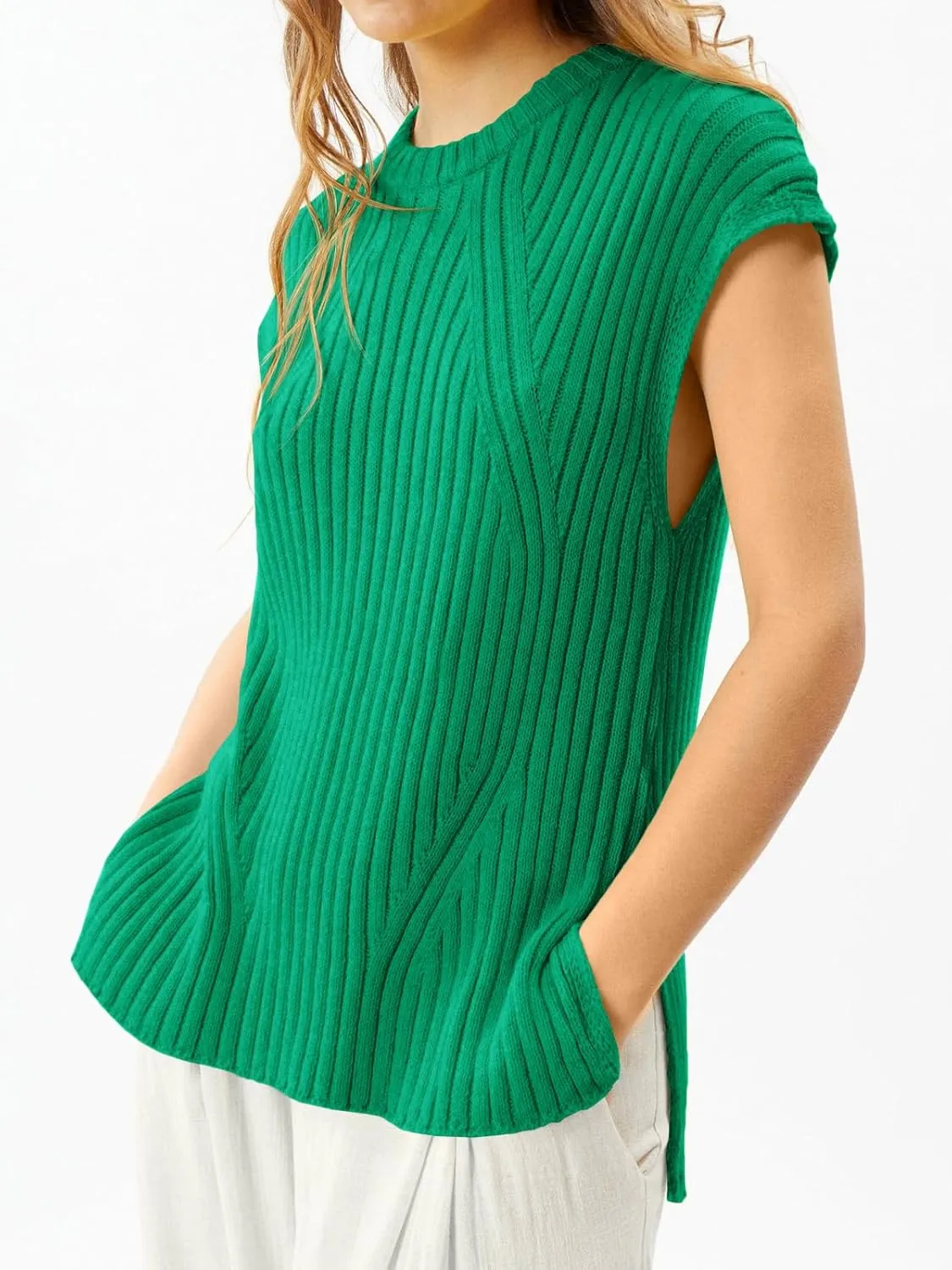 Imily Bela Womens Short Sleeve Sweater Casual Crew Neck Rribbed Knit Split Pullover Summer Tunic Tops