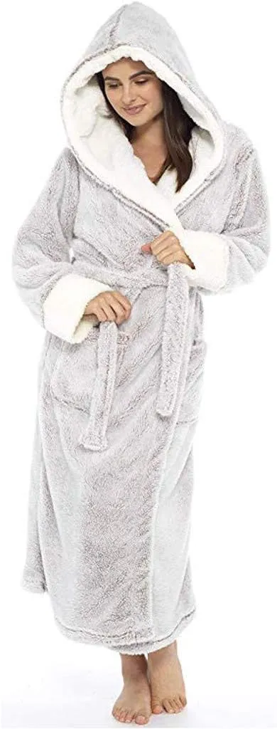 iQKA Women's Winter Plush Shawl Bathrobe Plus Size Home Clothes Long Sleeve Solid Color Comfortable Robe Coat with Belt