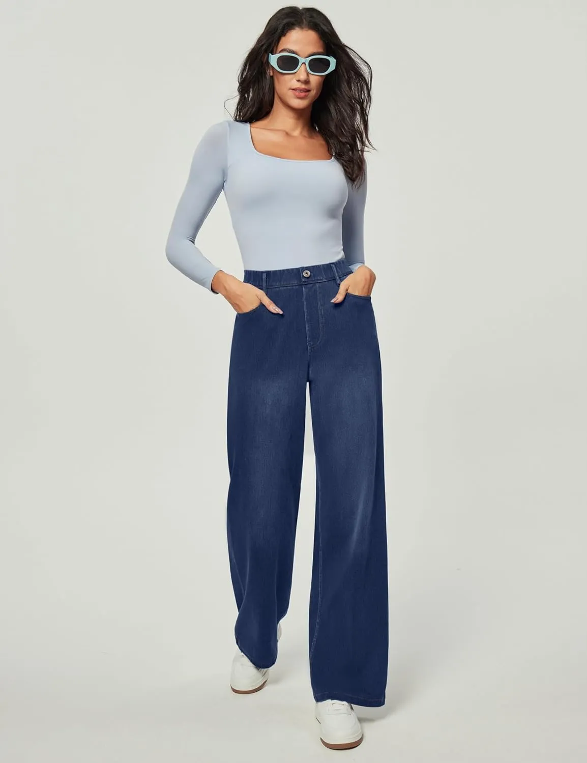 IUGA Wide Leg Jeans Woman Stretchy Pull On Baggy Jeans High Waisted Trendy Womens Jeans Straight Casual Denim Pants