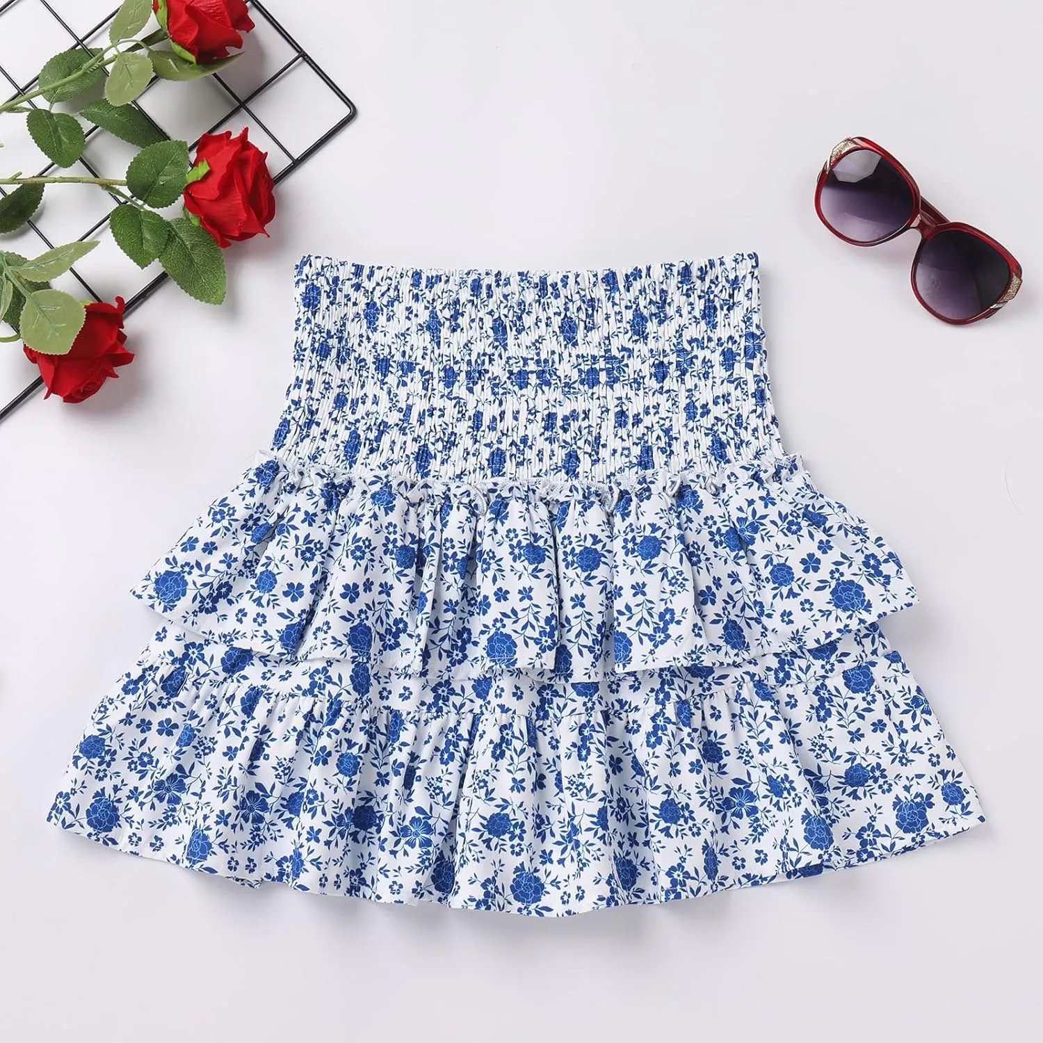 IWEMEK Women's Cute High Waist Ruffle Mini Skirt Layered Ruffle Hem Flared Boho Tiered Skirt Flowy Holiday Casual Beach Skirt