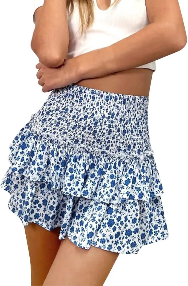IWEMEK Women's Cute High Waist Ruffle Mini Skirt Layered Ruffle Hem Flared Boho Tiered Skirt Flowy Holiday Casual Beach Skirt