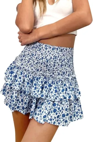 IWEMEK Women's Cute High Waist Ruffle Mini Skirt Layered Ruffle Hem Flared Boho Tiered Skirt Flowy Holiday Casual Beach Skirt