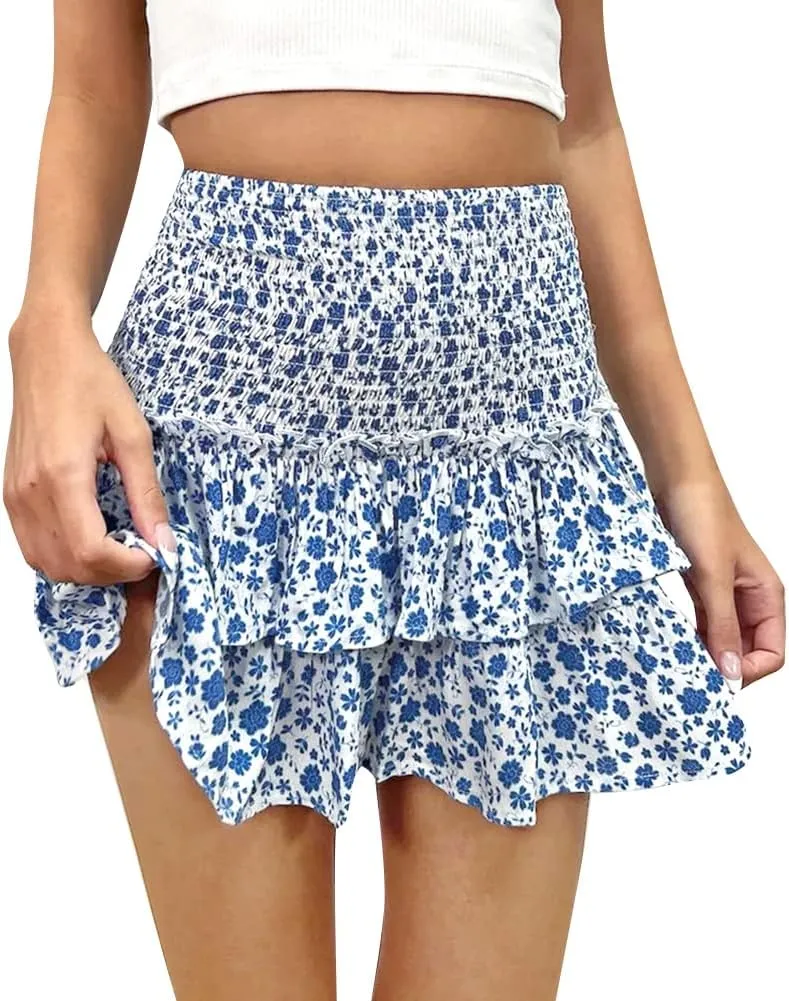 IWEMEK Women's Cute High Waist Ruffle Mini Skirt Layered Ruffle Hem Flared Boho Tiered Skirt Flowy Holiday Casual Beach Skirt