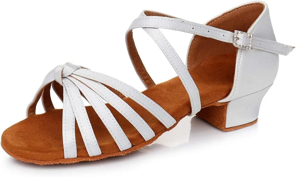 JUODVMP Silk Fabric Latin Dance Shoes for Girls Latin Ballroom Dance Shoes Girls with Diamond Buckle,Model US-TL-LP-ZSZK