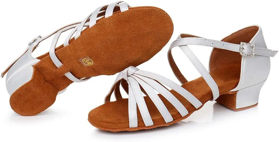JUODVMP Silk Fabric Latin Dance Shoes for Girls Latin Ballroom Dance Shoes Girls with Diamond Buckle,Model US-TL-LP-ZSZK