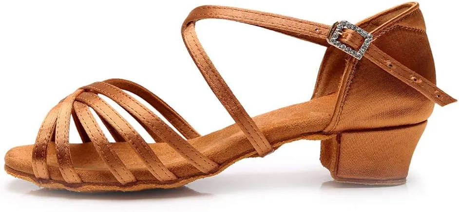 JUODVMP Silk Fabric Latin Dance Shoes for Girls Latin Ballroom Dance Shoes Girls with Diamond Buckle,Model US-TL-LP-ZSZK